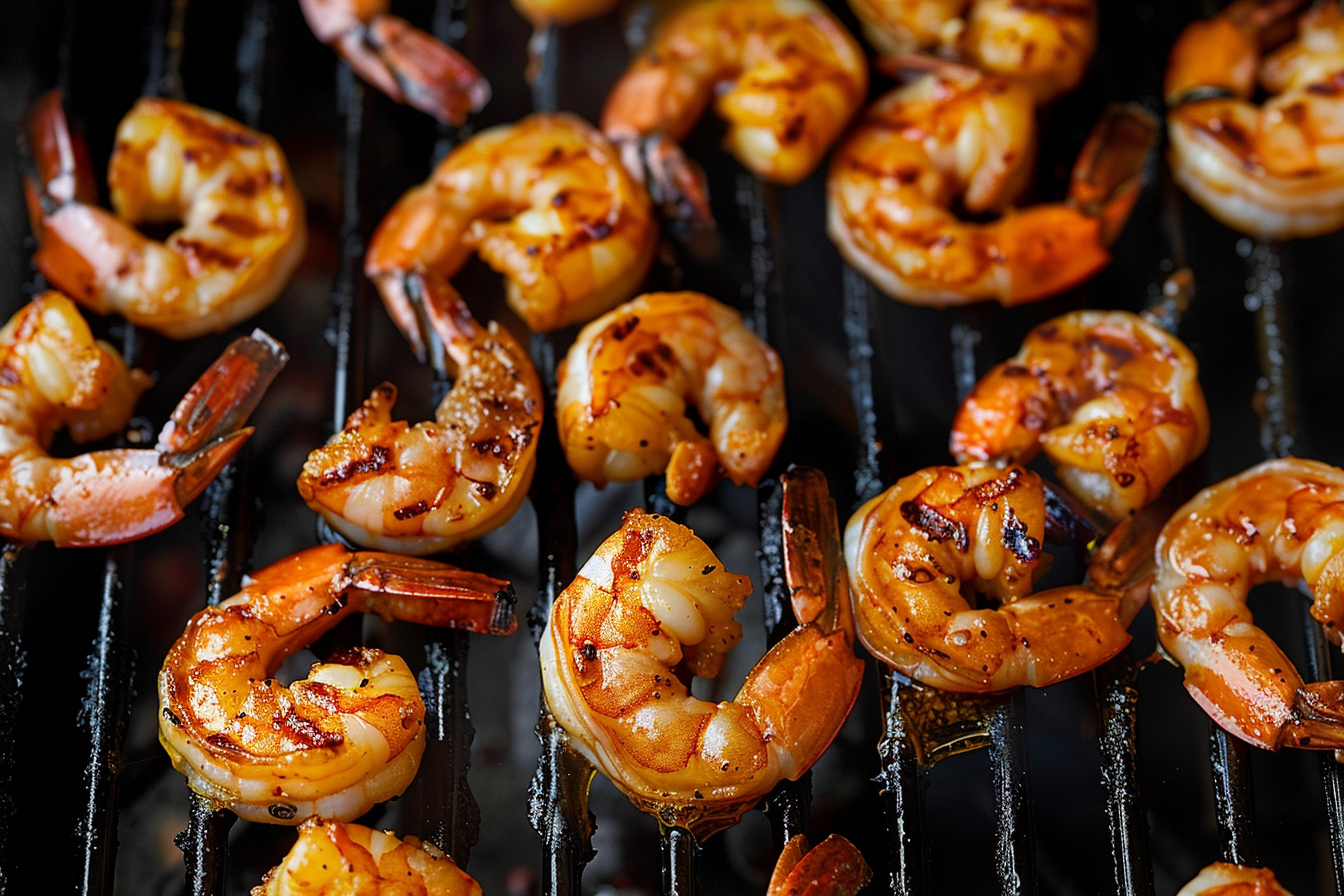 Spicy grilled shrimp skewers on a grill with lemon wedges