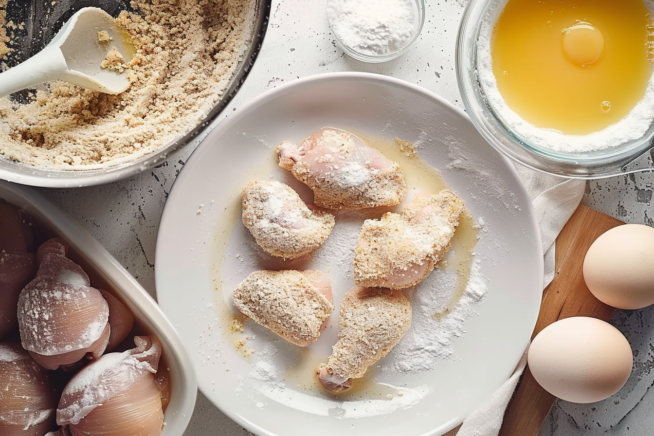 Crispy oven-fried chicken thighs on a baking sheet garnished with herbs