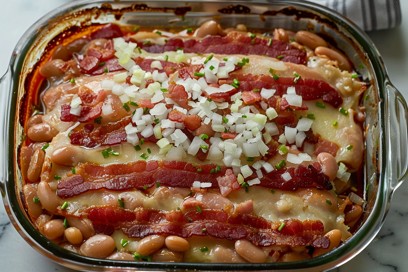 Bowl of Boston Baked Beans with bacon and onions