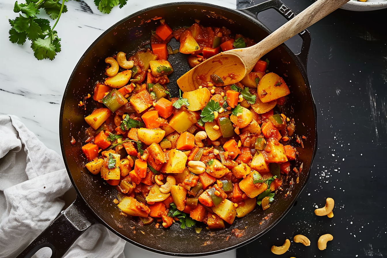 A bowl of creamy vegetarian korma with colorful vegetables and fresh cilantro garnish.