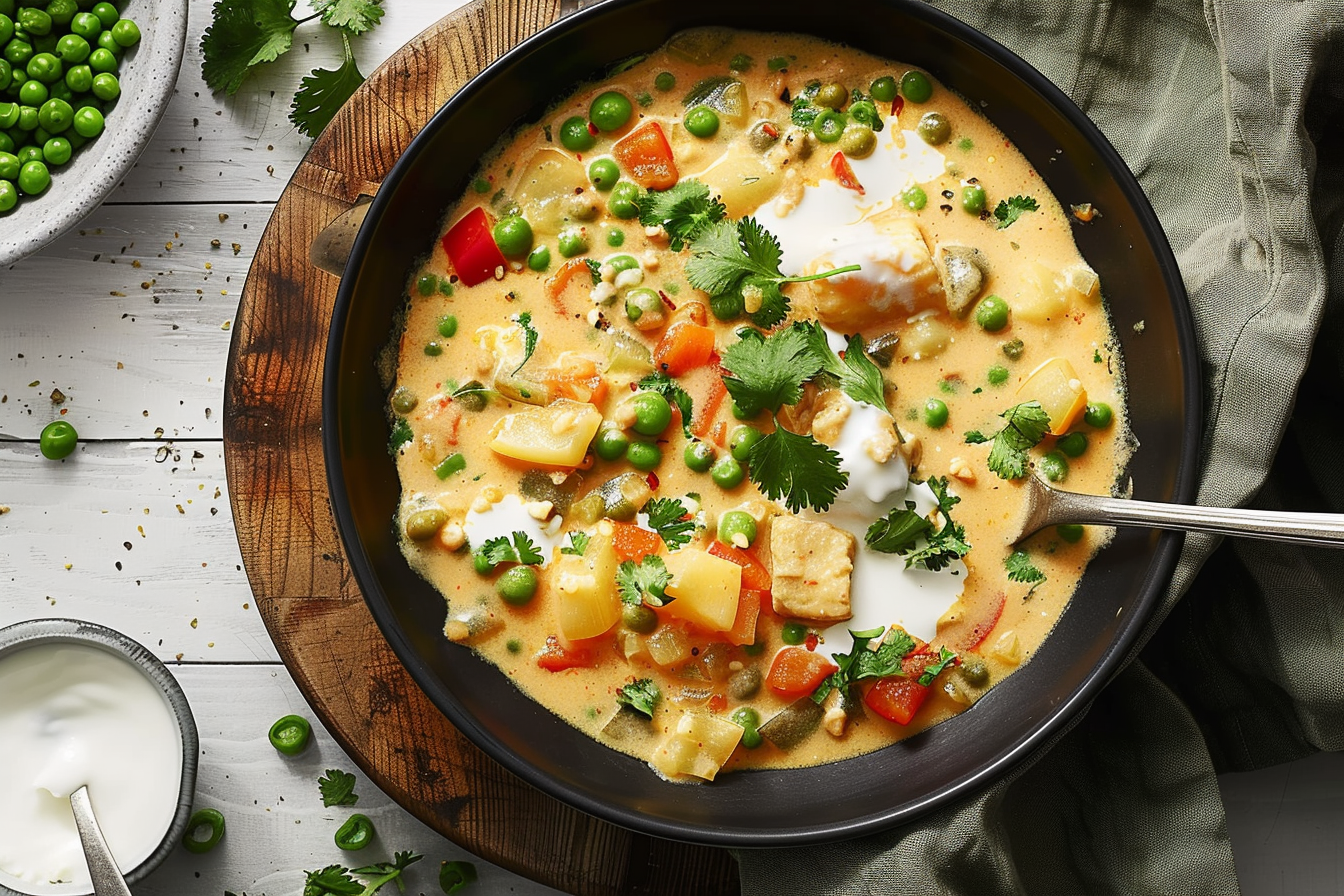 A bowl of creamy vegetarian korma with colorful vegetables and fresh cilantro garnish.