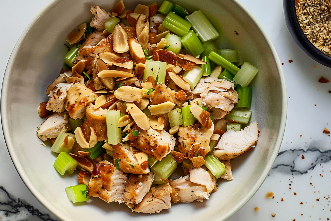 A bowl of the best chicken salad with fresh ingredients. 