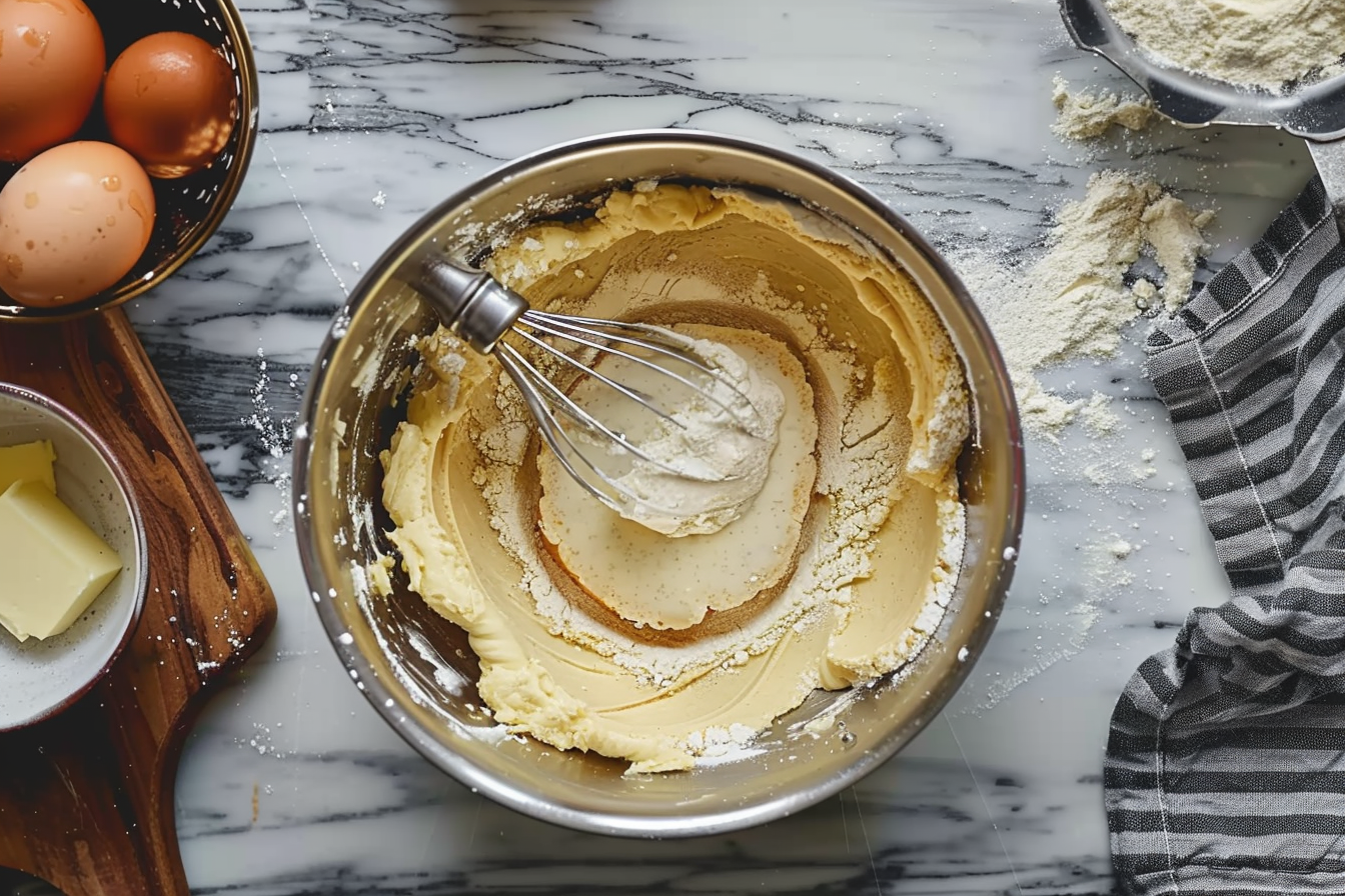 A moist Kentucky Butter Cake with a golden-brown crust, sliced to show its rich, buttery texture, topped with a light drizzle of vanilla butter sauce.