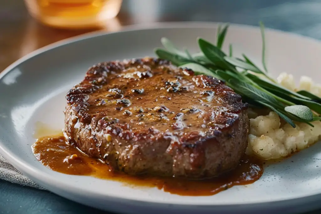 Berdean's Cube Steak served on a plate with gravy and side vegetables.