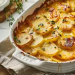 A close-up of a serving of creamy au gratin potatoes with a golden, cheesy crust.