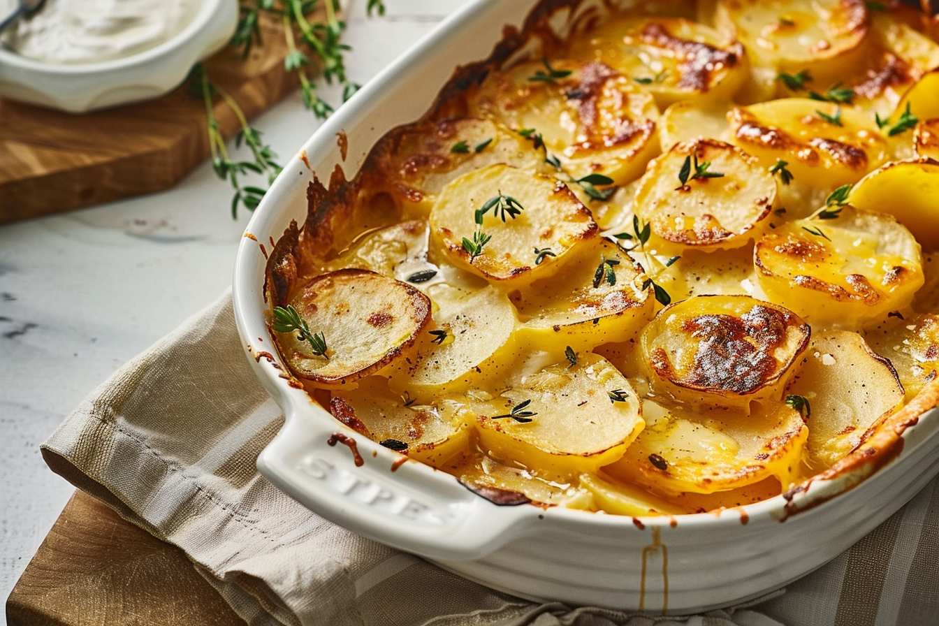 A close-up of a serving of creamy au gratin potatoes with a golden, cheesy crust.