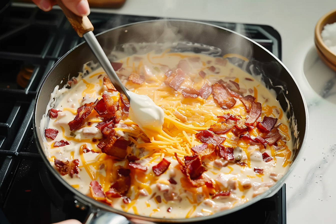 Bowl of creamy baked potato soup with bacon, cheese, and green onions