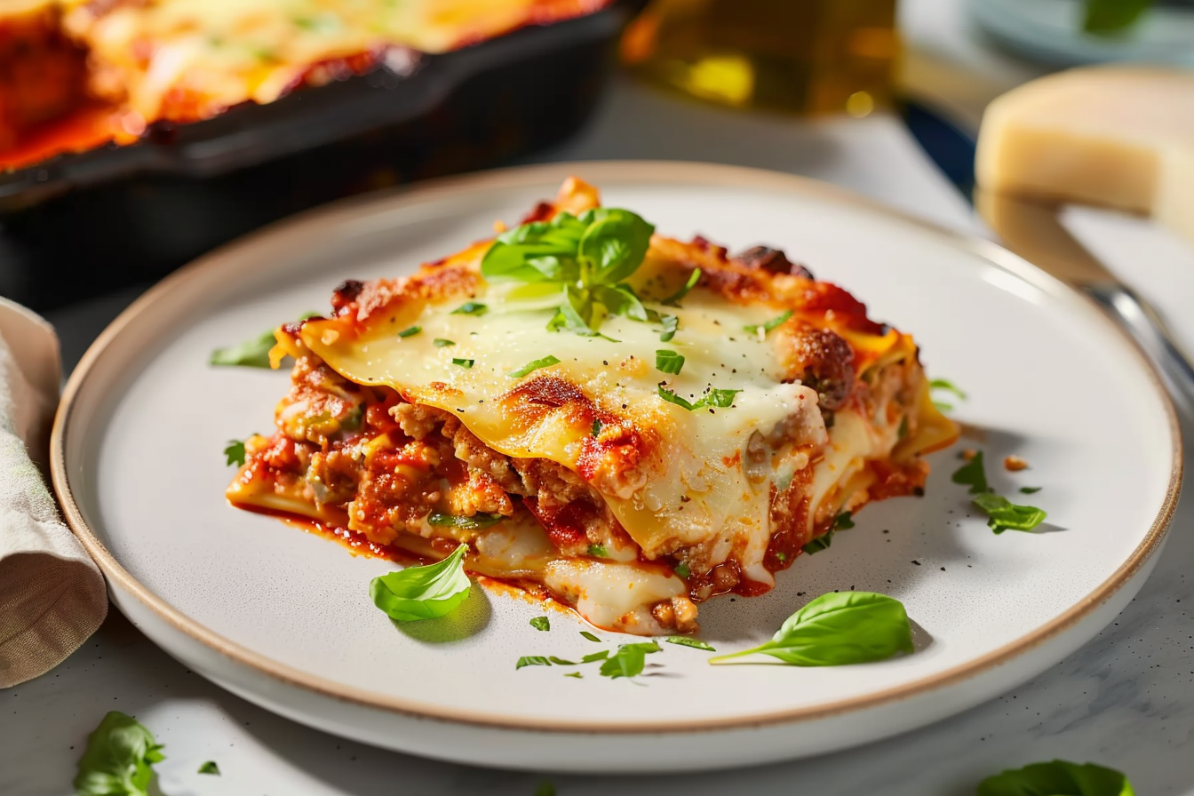 Easy lasagna with layers of rich meat sauce, creamy cheese, and perfectly cooked noodles.