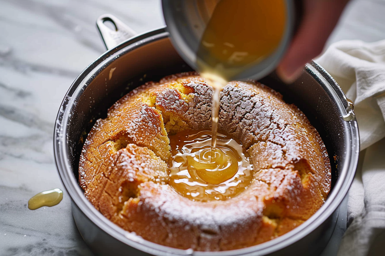 A moist Kentucky Butter Cake with a golden-brown crust, sliced to show its rich, buttery texture, topped with a light drizzle of vanilla butter sauce.