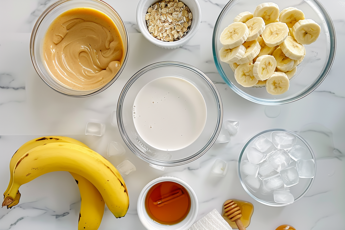  Peanut Butter Banana Smoothie in a glass with a banana and peanut butter on the side