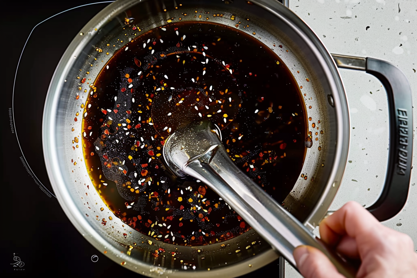 A bowl of Korean BBQ sauce with a brush and sesame seeds on the side