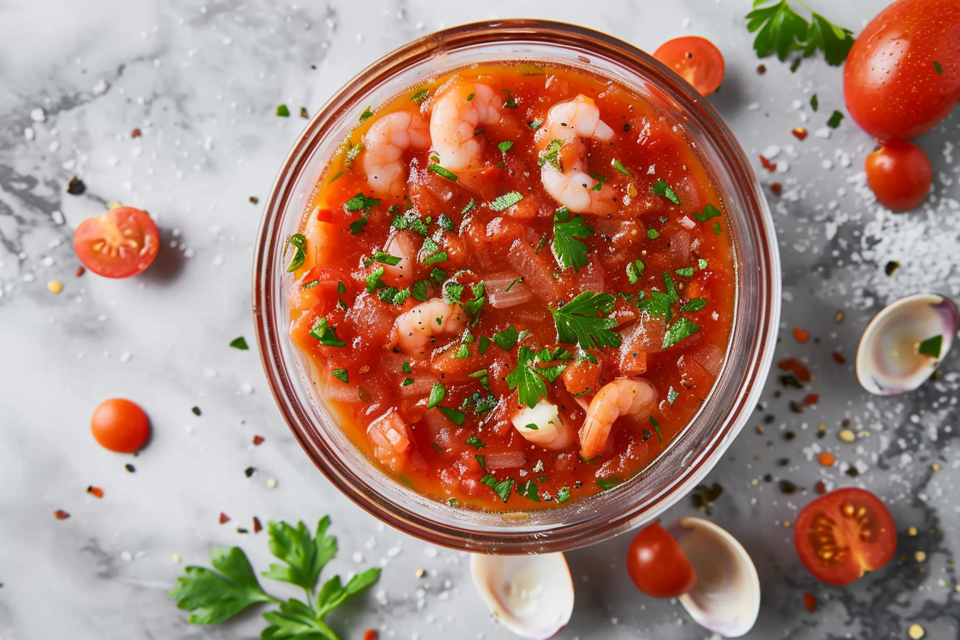 "Vibrant Mexican Shrimp Cocktail served in a glass bowl with avocado, cilantro, and lime wedges" 