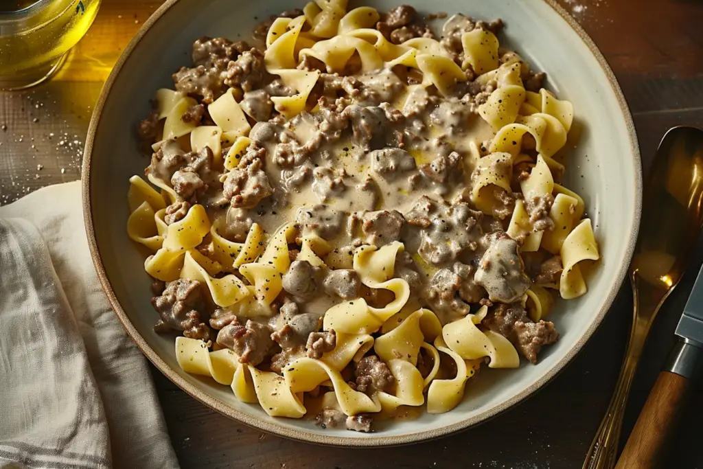 A delicious plate of Beef Stroganoff served over egg noodles with a creamy mushroom sauce.