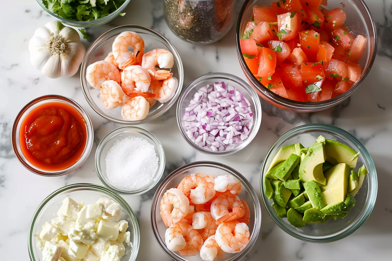 "Vibrant Mexican Shrimp Cocktail served in a glass bowl with avocado, cilantro, and lime wedges" 