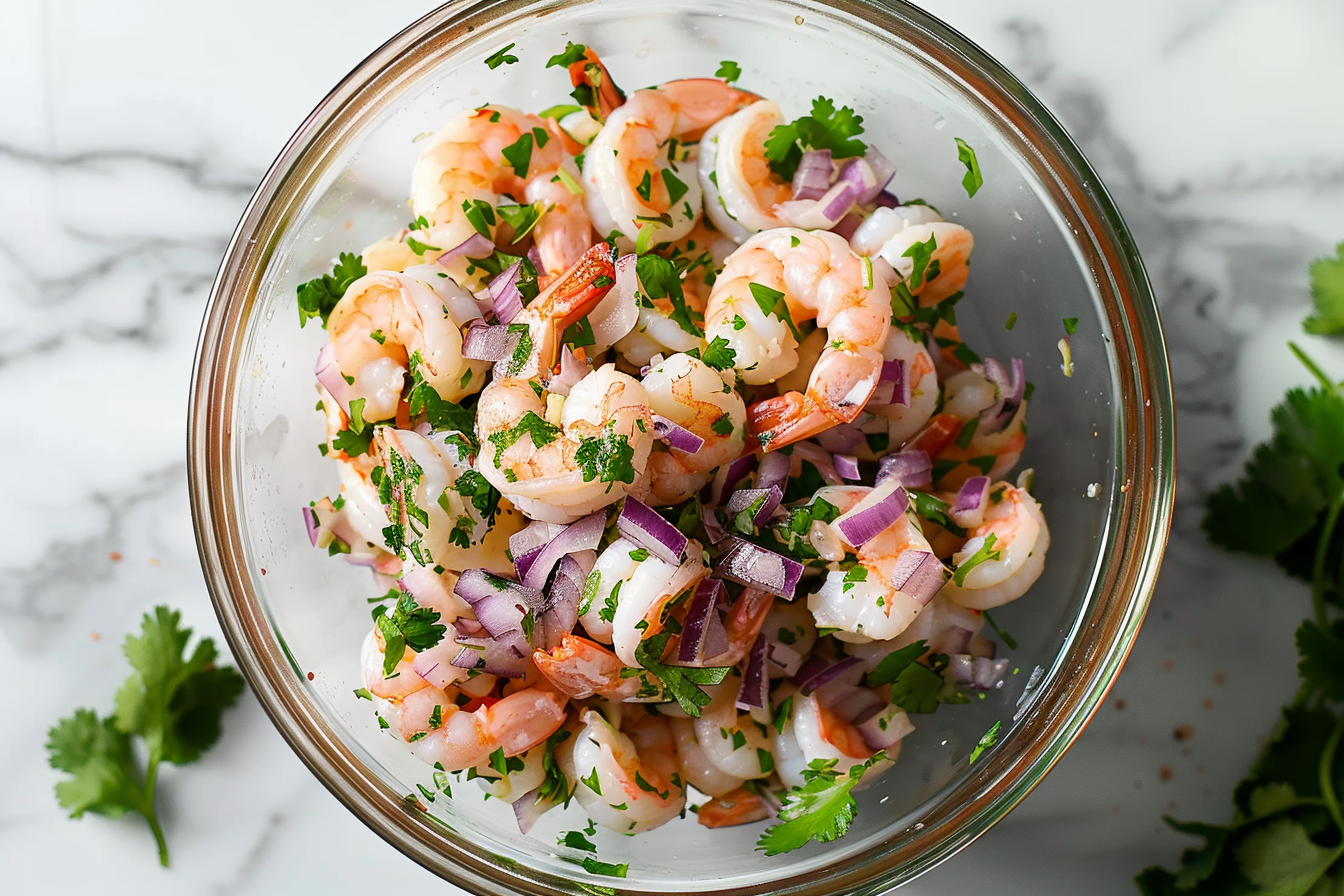 "Vibrant Mexican Shrimp Cocktail served in a glass bowl with avocado, cilantro, and lime wedges" 