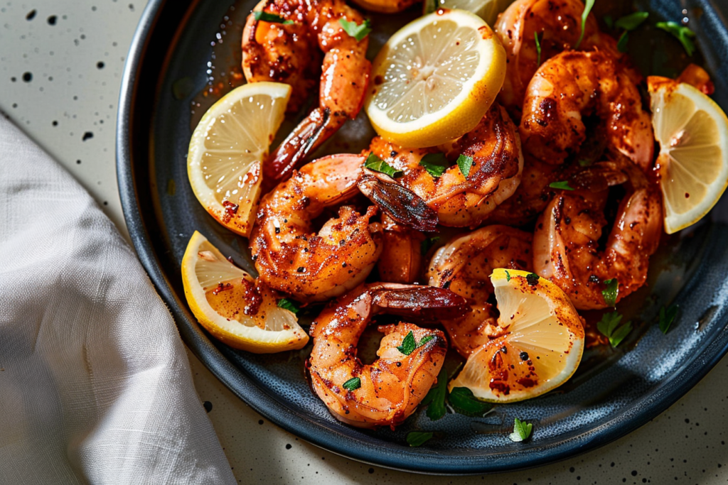 Spicy grilled shrimp skewers on a grill with lemon wedges