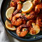 Spicy grilled shrimp skewers on a grill with lemon wedges