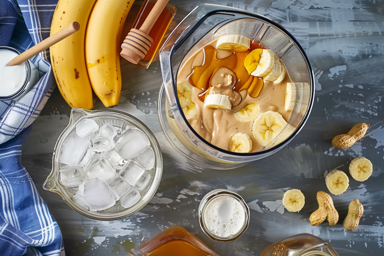 Peanut Butter Banana Smoothie in a glass with a banana and peanut butter on the side