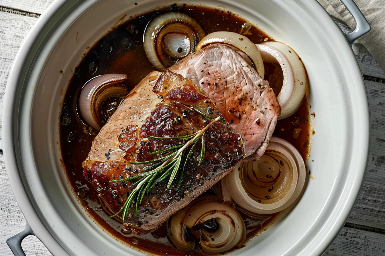 "Slow-cooked tangy pork roast with a caramelized crust served with a side of vegetables"