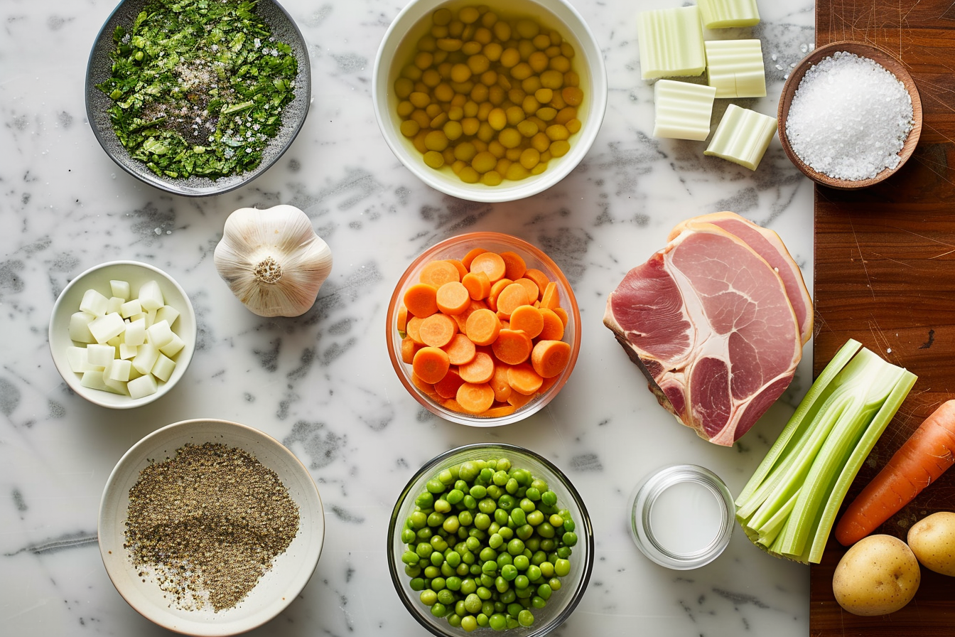 A bowl of homemade split pea soup garnished with fresh herbs, featuring hearty vegetables and chunks of ham.