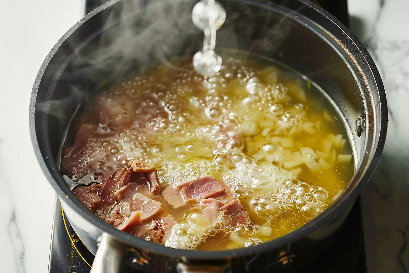 A bowl of homemade split pea soup garnished with fresh herbs, featuring hearty vegetables and chunks of ham.