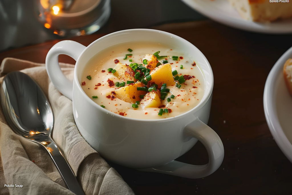 Bowl of creamy baked potato soup with bacon, cheese, and green onions