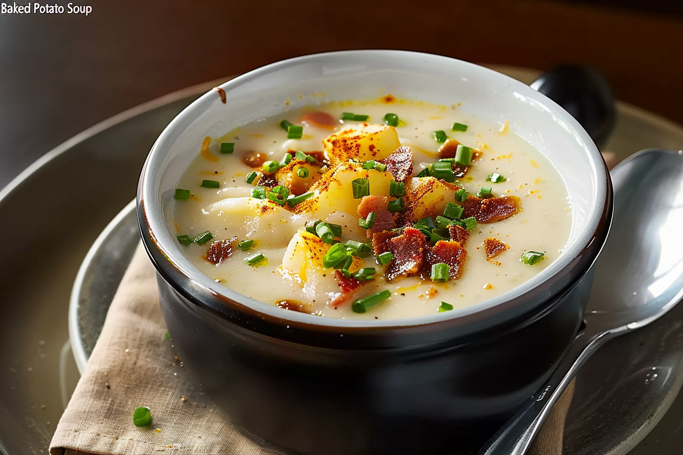 Bowl of creamy baked potato soup with bacon, cheese, and green onions