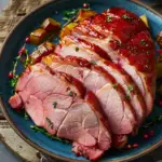 Tender slow cooker ham glazed with brown sugar.