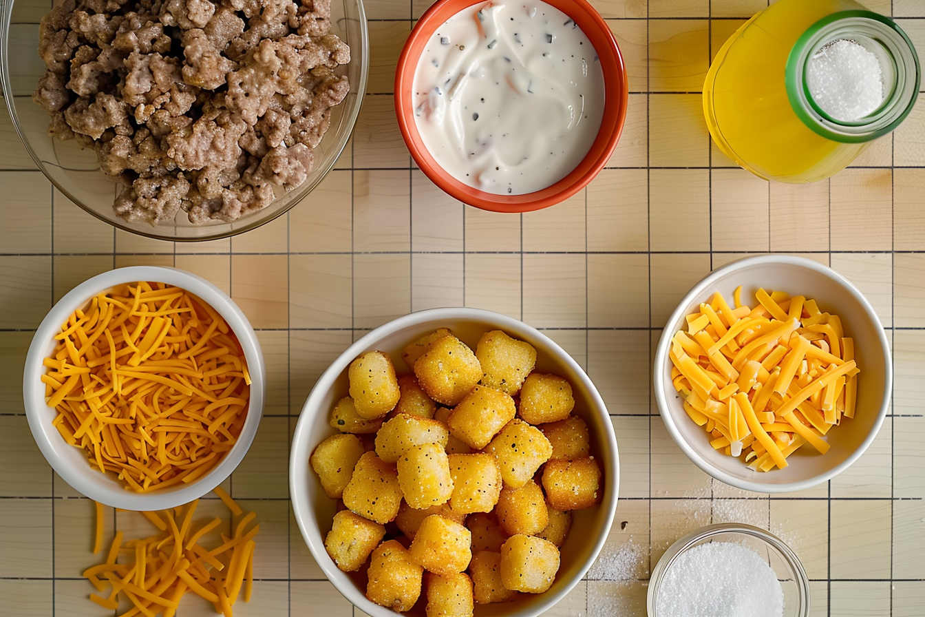 Delicious tater tot casserole topped with golden, crispy tater tots and melted cheddar cheese