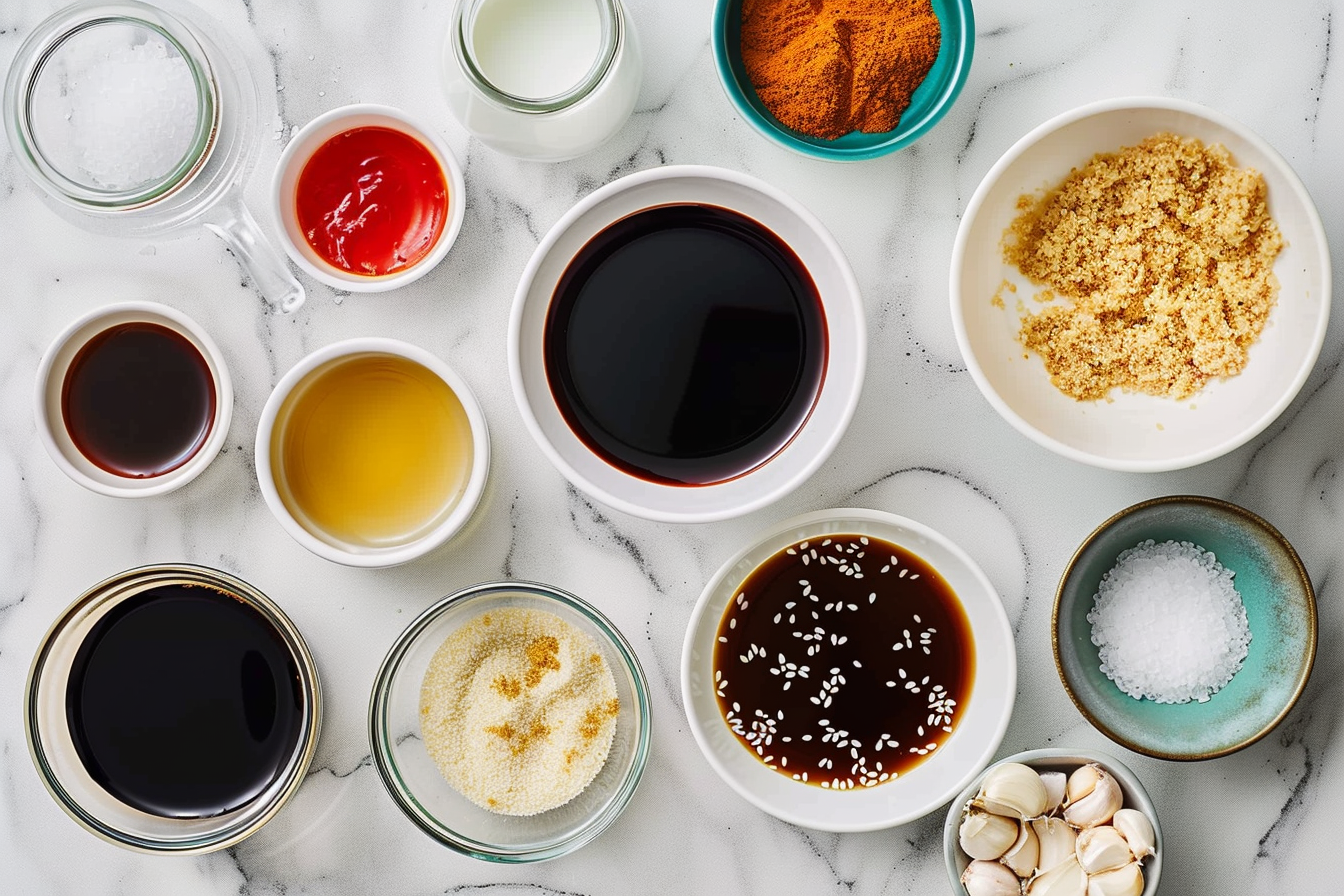 A bowl of Korean BBQ sauce with a brush and sesame seeds on the side