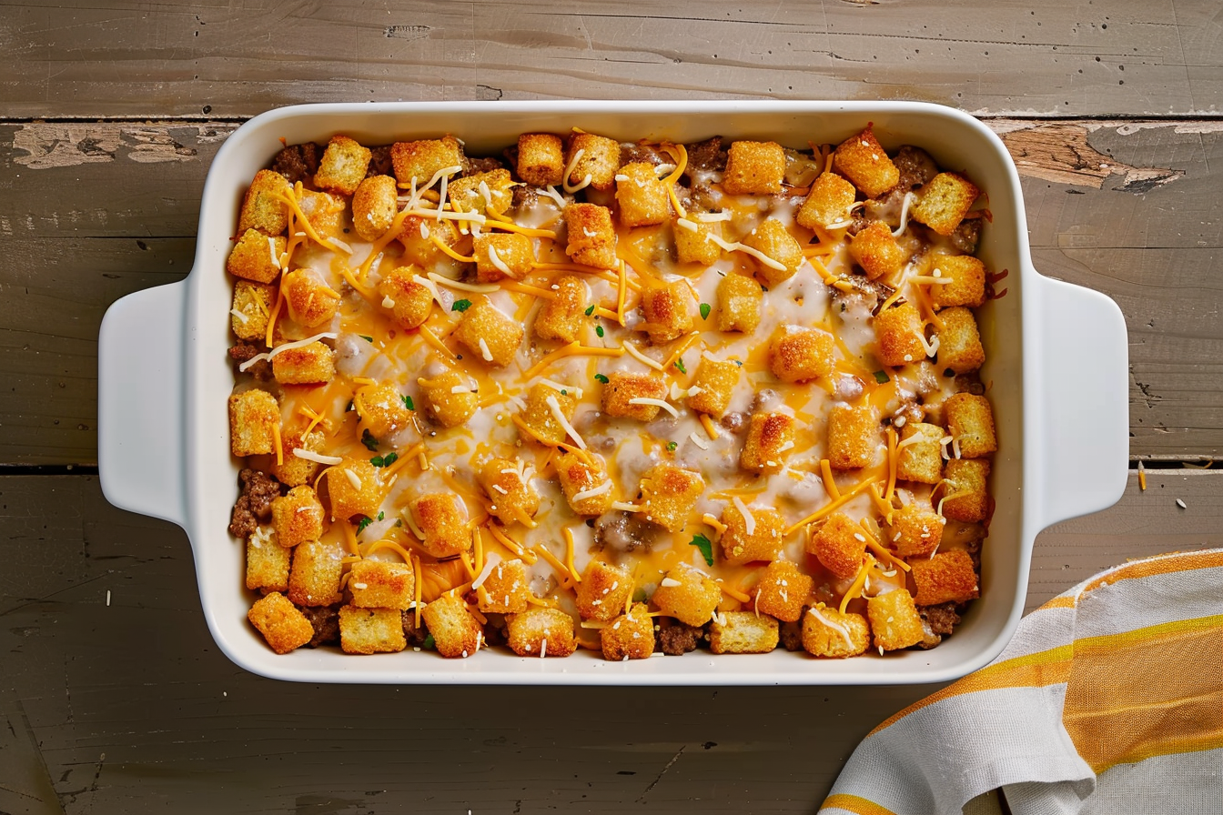 Delicious tater tot casserole topped with golden, crispy tater tots and melted cheddar cheese