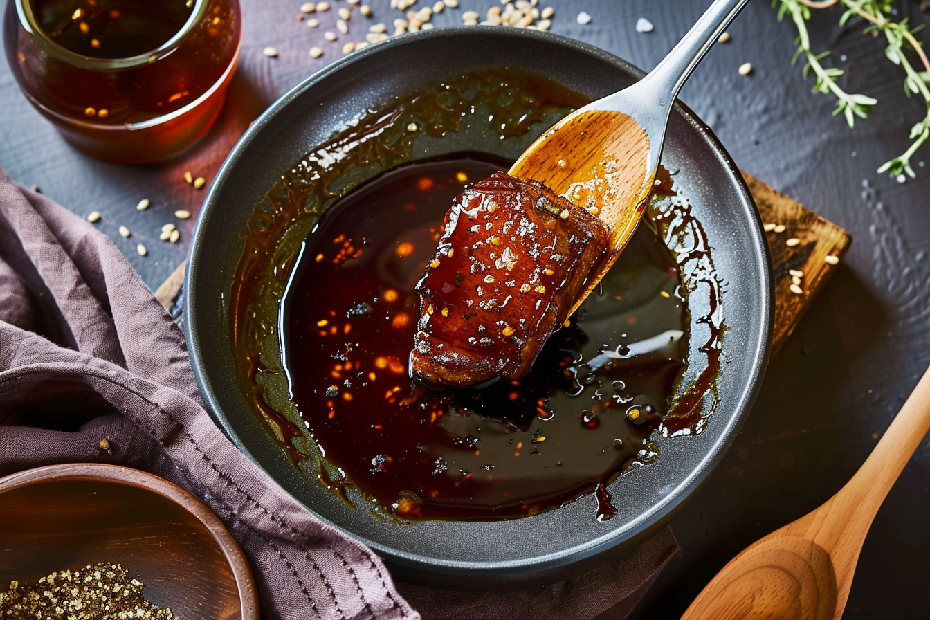 A bowl of Korean BBQ sauce with a brush and sesame seeds on the side