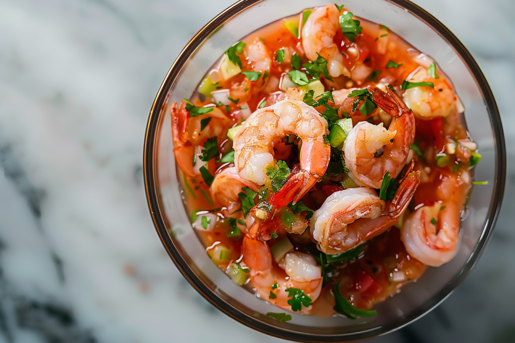 "Vibrant Mexican Shrimp Cocktail served in a glass bowl with avocado, cilantro, and lime wedges"