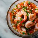 "Vibrant Mexican Shrimp Cocktail served in a glass bowl with avocado, cilantro, and lime wedges"