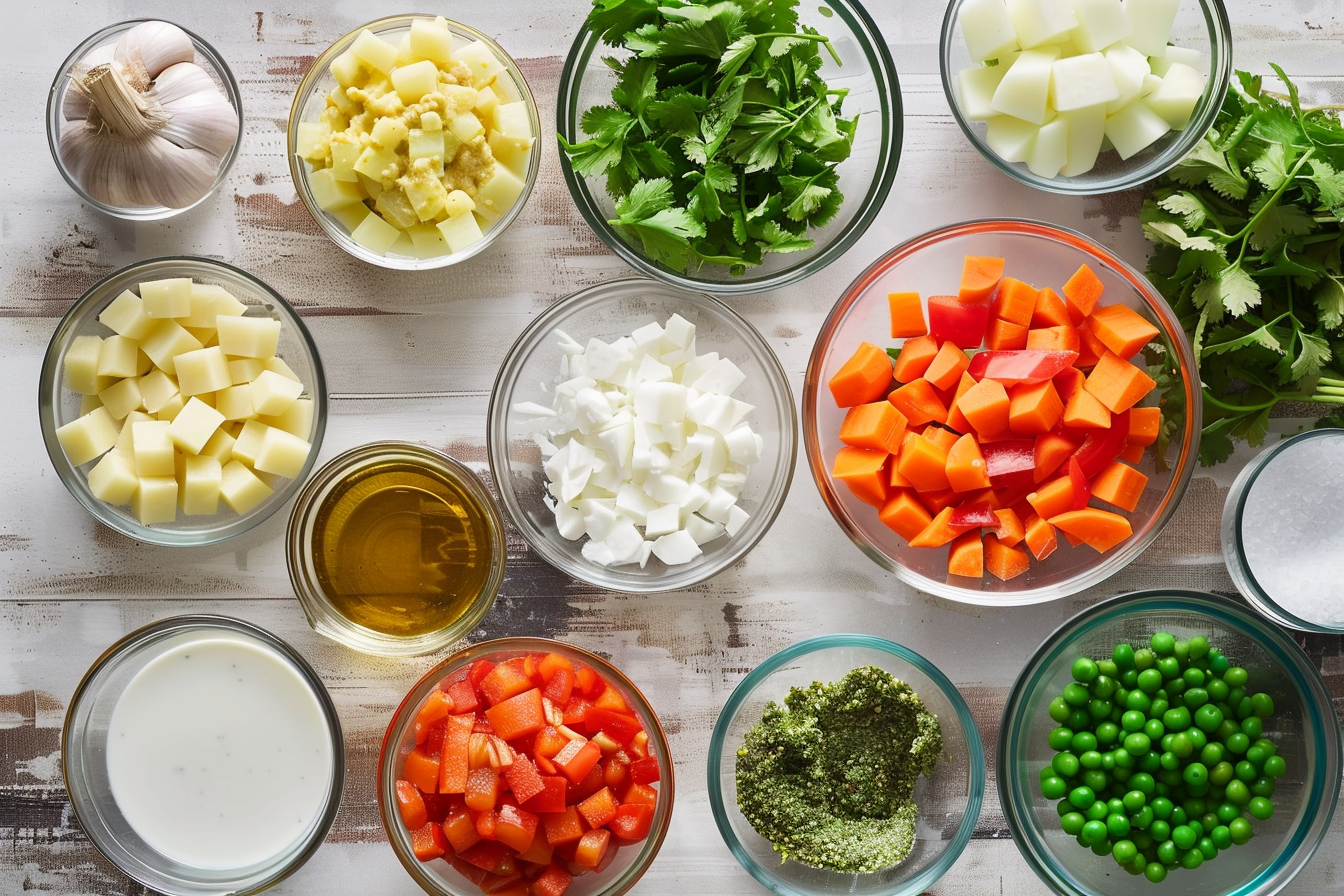 A bowl of creamy vegetarian korma with colorful vegetables and fresh cilantro garnish.