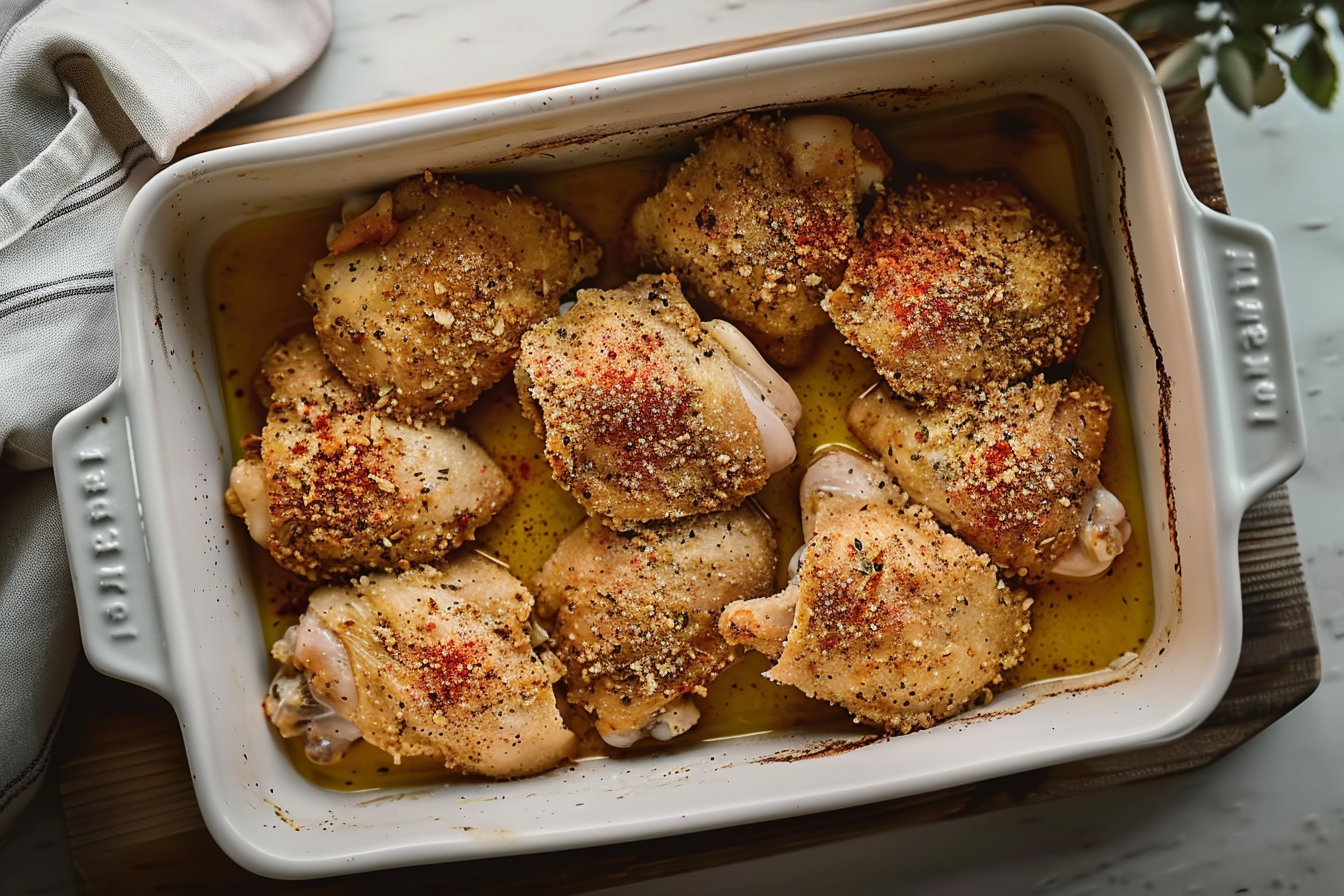 Crispy oven-fried chicken thighs on a baking sheet garnished with herbs