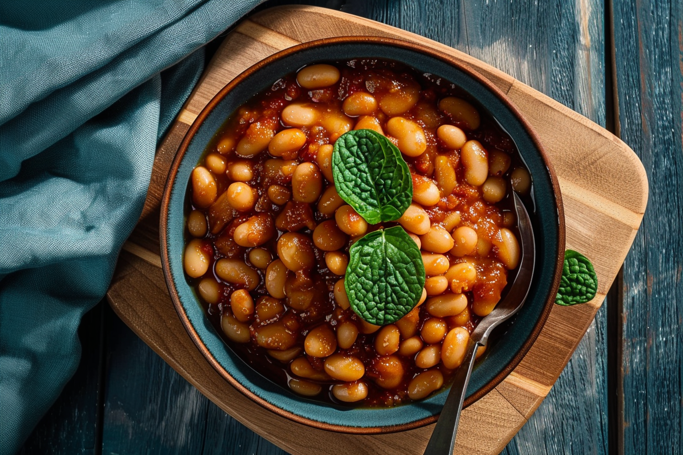 Bowl of Boston Baked Beans with bacon and onions