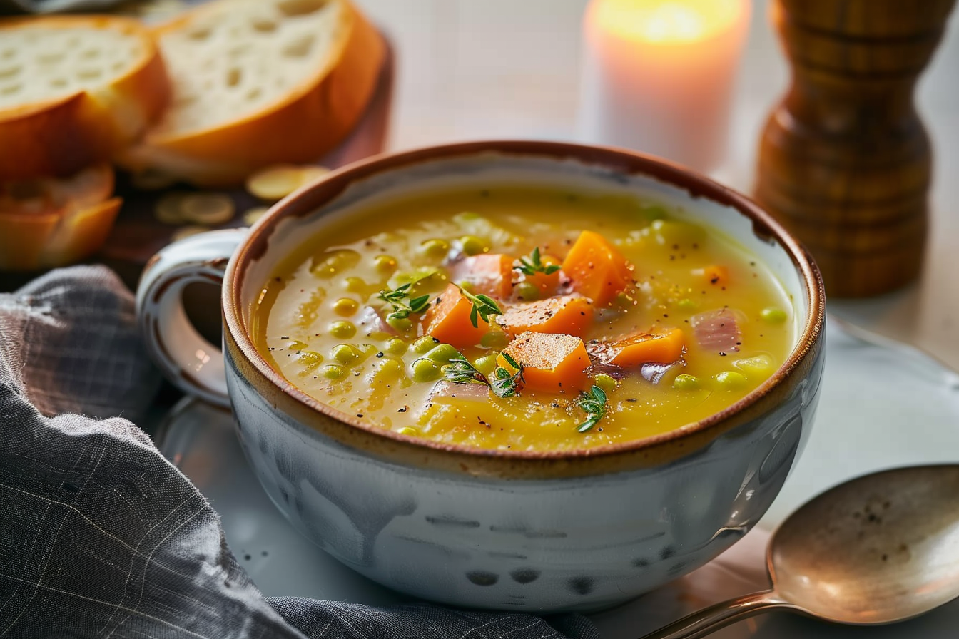 A bowl of homemade split pea soup garnished with fresh herbs, featuring hearty vegetables and chunks of ham.