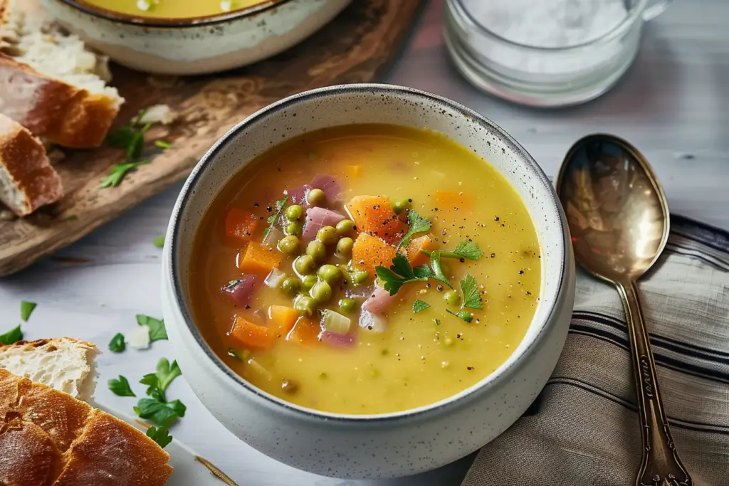 "A bowl of homemade split pea soup garnished with fresh herbs, featuring hearty vegetables and chunks of ham."