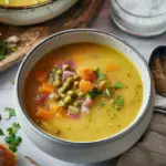 "A bowl of homemade split pea soup garnished with fresh herbs, featuring hearty vegetables and chunks of ham."