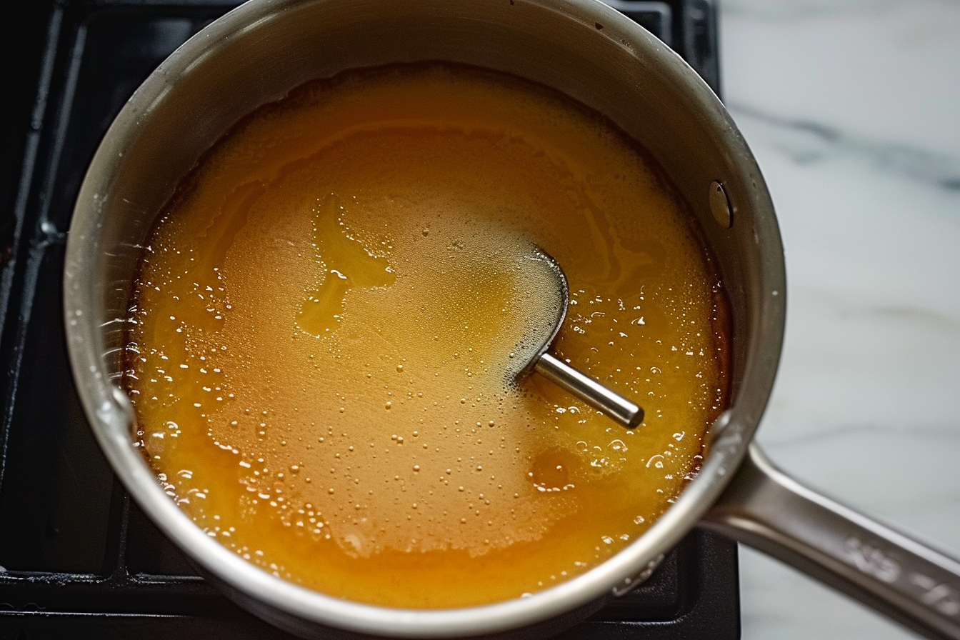 A moist Kentucky Butter Cake with a golden-brown crust, sliced to show its rich, buttery texture, topped with a light drizzle of vanilla butter sauce.