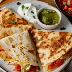 Freshly made chicken quesadillas with melted cheese and vibrant vegetables on a plate.