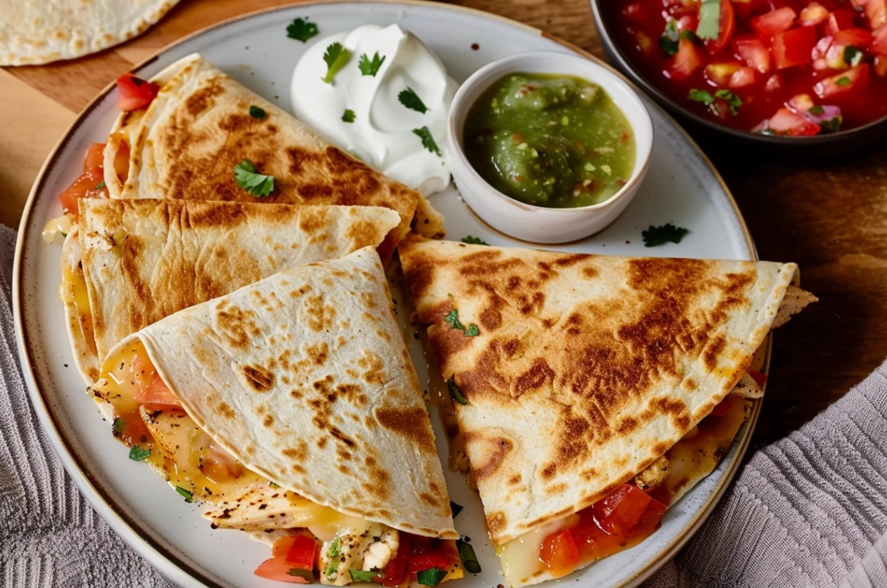 Freshly made chicken quesadillas with melted cheese and vibrant vegetables on a plate.