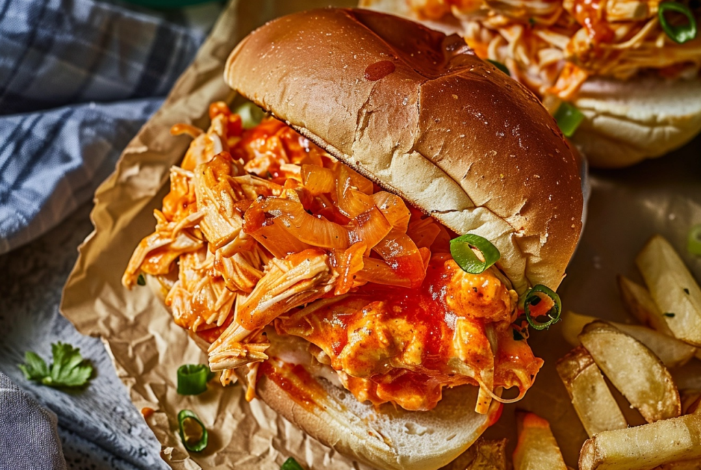 Buffalo Chicken Sandwich with crispy chicken breast, drizzled in spicy Buffalo sauce, served on a toasted hoagie roll with lettuce and tomato.