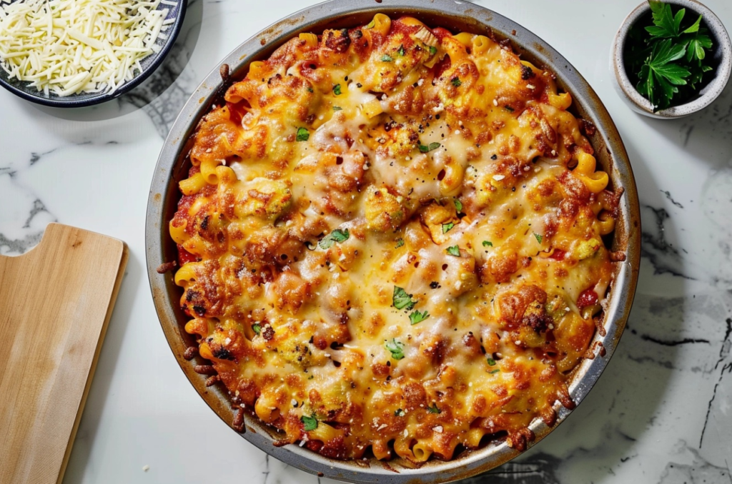 Bowl of delicious homemade Chili Mac with ground beef, macaroni, and melted cheese.