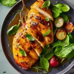 Baked honey mustard chicken garnished with fresh herbs