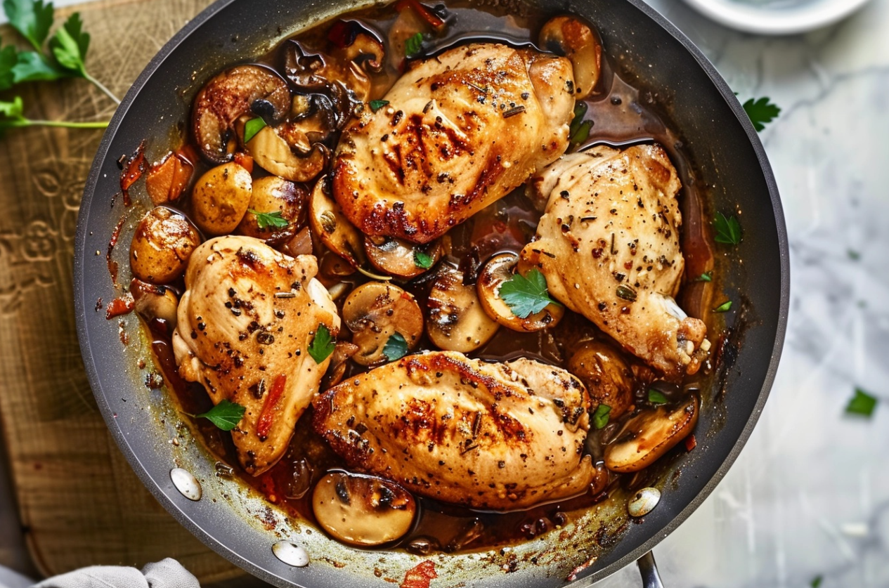 Chicken Marsala with tender chicken breasts, savory mushrooms, and rich Marsala wine sauce.