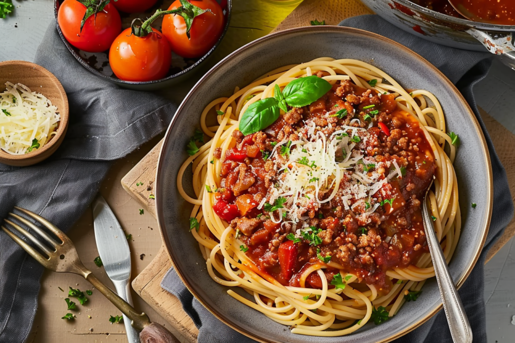 A bowl of rich and flavorful spaghetti sauce with ground beef served over spaghetti noodles.