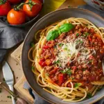 A bowl of rich and flavorful spaghetti sauce with ground beef served over spaghetti noodles.