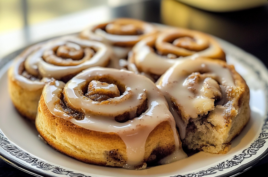 Freshly baked banana bread cinnamon rolls topped with cream cheese icing on a wooden cutting board.